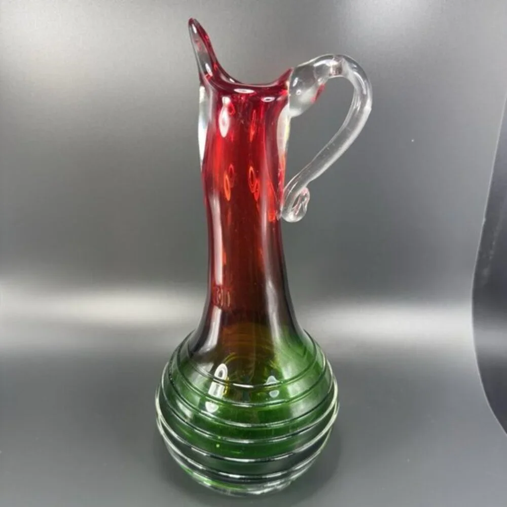 Heavy Hand Blown Glass Pitcher Vase Carafe Multicolor Applied Swirl Glass‎ Decor